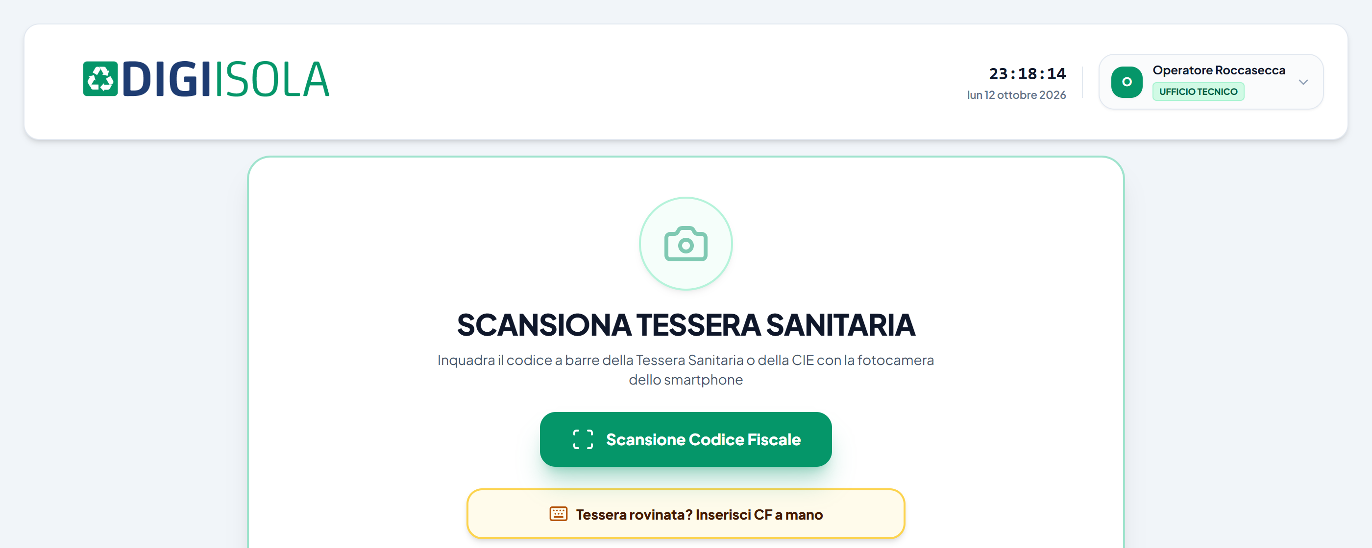 Schermata del varco kiosk con scansione del codice fiscale